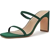 Carcuume Women's Square Toe Two Strap Open Toe Block Heels Sandals Slip On Shoes
