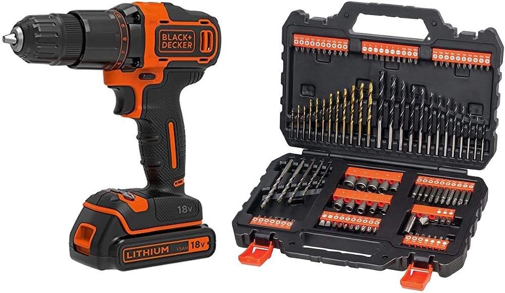 BLACK+DECKER 18V Cordless 2-Gear Hammer Drill Kit with Kitbox and 1.5Ah Battery