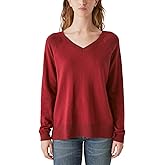 Lucky Brand Women's V-Neck Sweater, Long Sleeves, Side Slits, Cotton Blend, Cream/Green/Red/Black