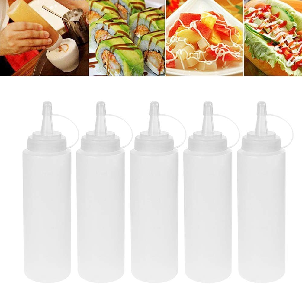 5 Pack 8Oz Plastic Condiment Bottles Ketchup Mustard Mayo Dispenser 200ml Set with Cap, for Home