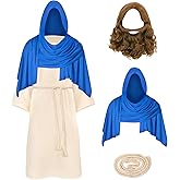 Mukum Jesus Costume Kids Religious Jesus Christ Costume Set With Shawl, Jesus Wig, Jesus Robe & Belt Cord for Boys and Girls, Ideal for Religious Events, Halloween Party, Costume Party Blue 3-4 Years