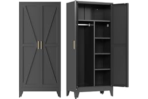XIUSVON Metal armoire Wardrobe Closet with Hanging Rod,71'' Metal Wardrobe Cabinet with 2 Doors and 4 Adjustable Shelves, Bedroom armoires,Laundry Room cabinets,armario de ropa Closet
