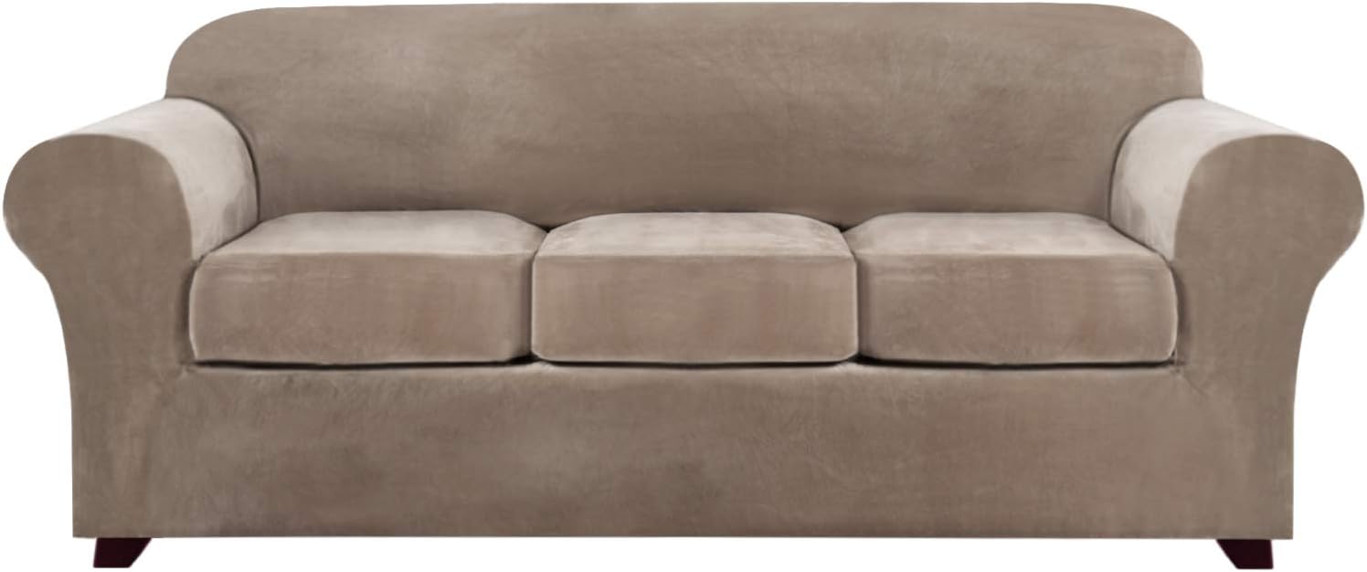 4 Pieces Sofa Covers Stretch Velvet Couch Covers for 3 Cushion Sofa Slipcovers Thick Soft Sofa Slip Covers with 2 Non Slip Straps Furniture Covers with 3 Individual Seat Cushion Covers (Sofa, Taupe): Kitchen & Dining