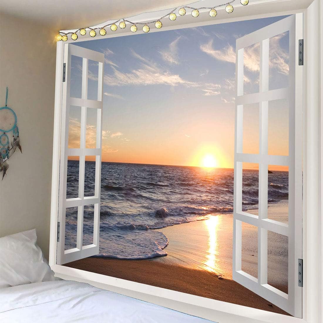 Tapestries - Homiest 3D Ocean Tapestry Wall Hanging Sun Sunset Sea Beach Landscape Tapestry Window Tapestries for Bedroom Living Room Home Decor 51x59 Inches