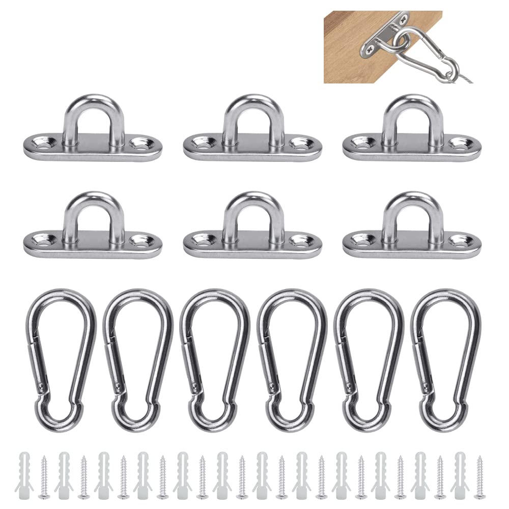 QUCUMER 12 Pcs Stainless Steel Oblong Pad Eye Plate and Carabiner Clips, Heavy Duty Oblong Pad Eye Plates Metal Staple Ring Hook Carabiner Hook with Screws for Climbing Sport and Home Use (M5)