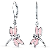 Dainty Butterfly Dragonfly Firefly Garden Semi Precious Colorful Gemstone Inlaid Drop Lever back Dangle Earrings For Women Teen .925 Sterling Silver