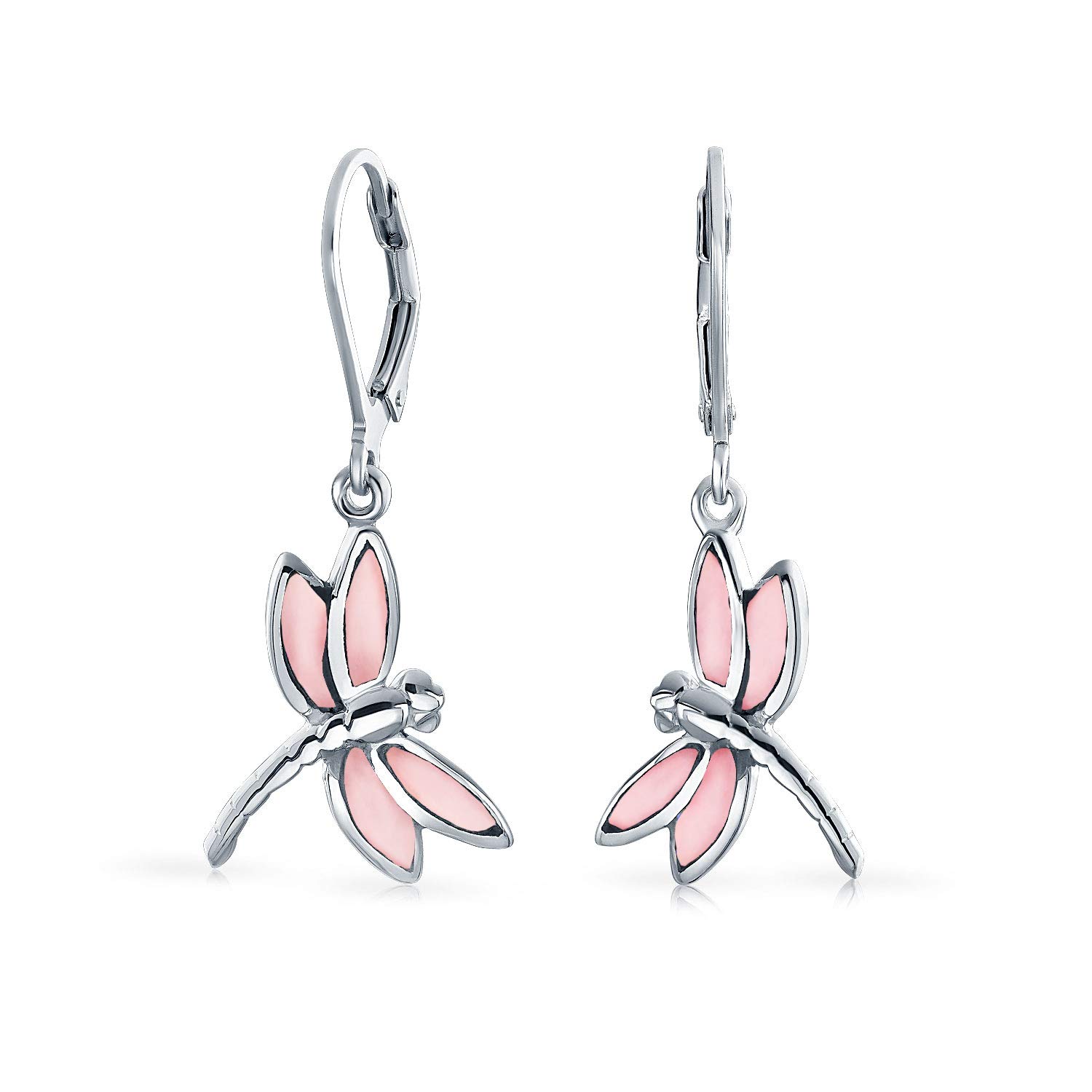 Dainty Butterfly Dragonfly Firefly Garden Iridescent Pink Mother of Pearl Shell Inlaid Drop Lever back Dangle Earrings For Women Teen .925 Sterling Silver