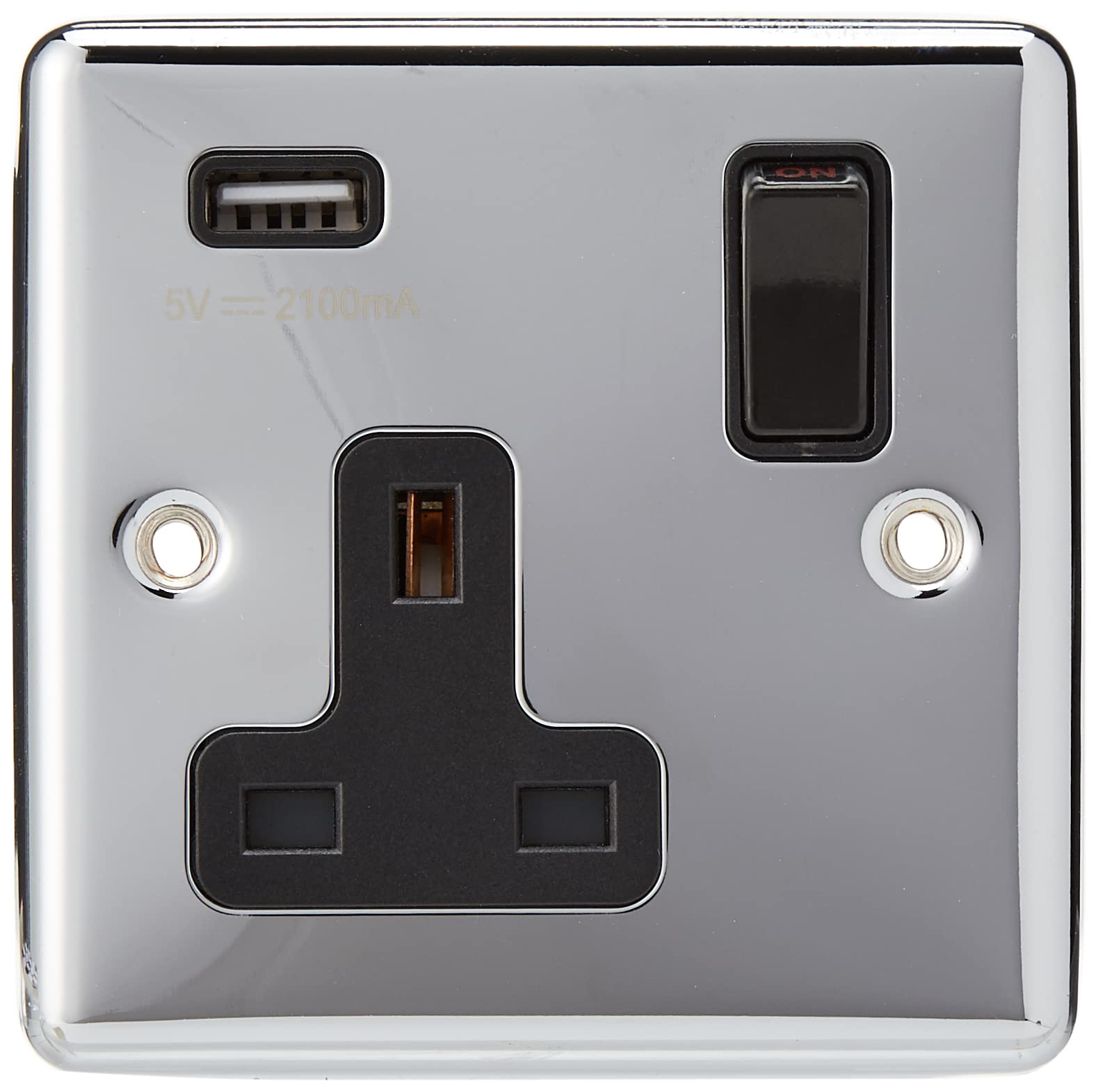 AET USBCPC1GSOCBL 13 A 1 Gang Classical Chrome Polished Single Plug Socket and USB Power Outlet with Black Insert Plastic Rocker