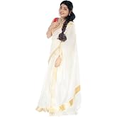 Kerala Traditional Set Saree for Women In Pure Cotton With 3 Inch Golden Kasavu Border