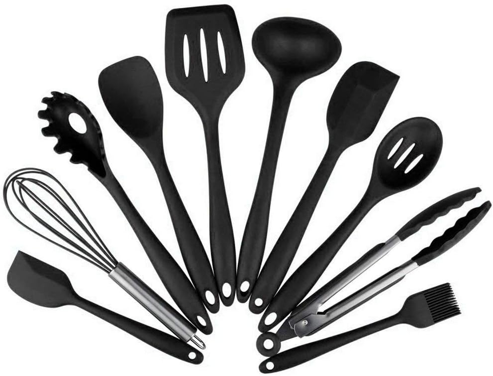 10Pcs/set Silicone Heat Resistant Kitchen Cooking Utensils Non-Stick Baking Tool tongs ladle gadget by BonBon (Black)