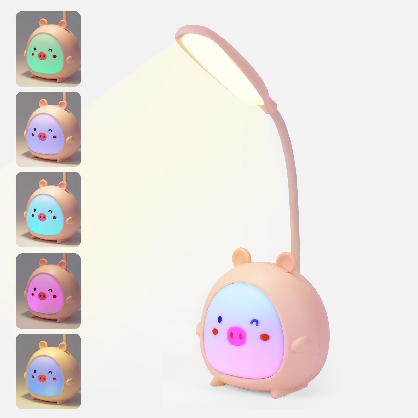 WIGUROE Portable LED Desk lamp, Reading lamp, Foldable, with Night Light. Cute Pig Table lamp, USB Rechargeable, Suitable for bedrooms, Living Rooms, etc.