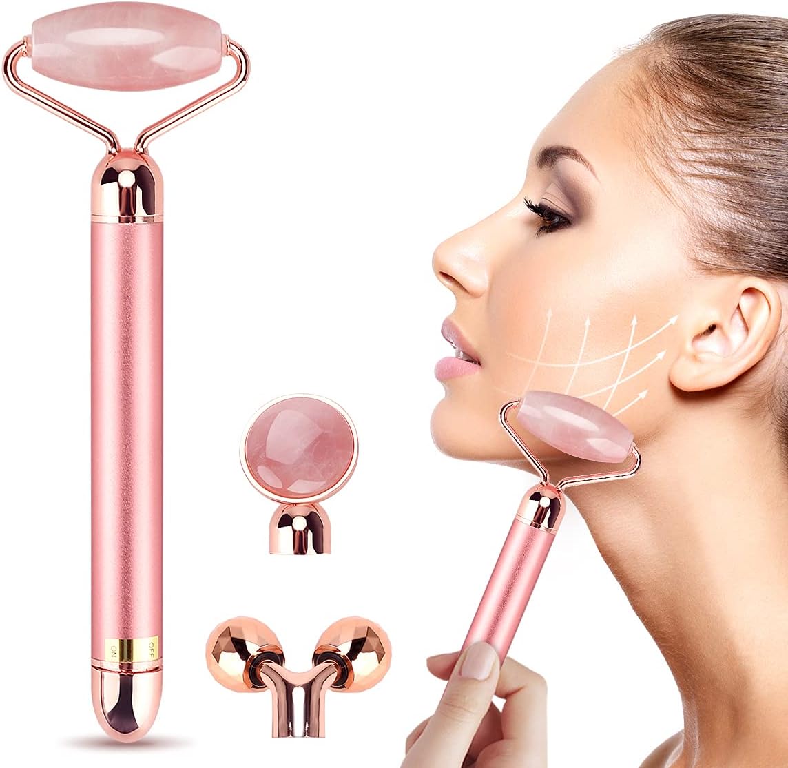 Jade Face Roller, Achort 3-in-1 Vibrating Jade Roller and 3D Roller Electric Sonic Energy Set, Anti-Aging & Anti-Wrinkle Solution Tool for Face, Head, Arms and Neck, Skin Tightening, Face Firming