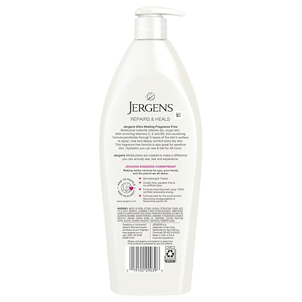 JERGENS ULTRA HEALING DRY SKIN LOTION, HAND AND BODY MOISTURIZER FOR QUICK ABSORPTION INTO EXTRA DRY SKIN WITH HYDRALUCENCE BLEND, VITAMINS C, E AND B5, WHITE, 21 OZ