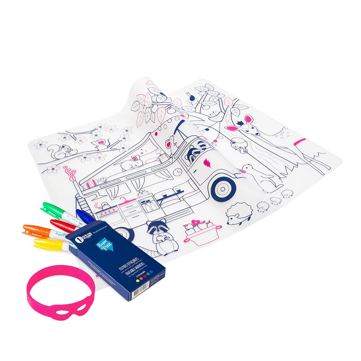SUPER PETIT - Colouring Placemat - Dream Van - 5 Felt-Tip Pens & Bracelet Included - Easy to Clean - Reusable - Antibacterial - from 3 Years