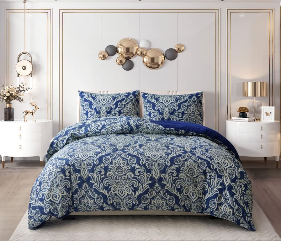PRIME LINENS Duvet Cover Set 4 Pcs Brushed Microfibre Quilt Cover Bedding Set With Pillow Cases and Extra Fitted Sheet Included (Damask Blue, Double) — image 1