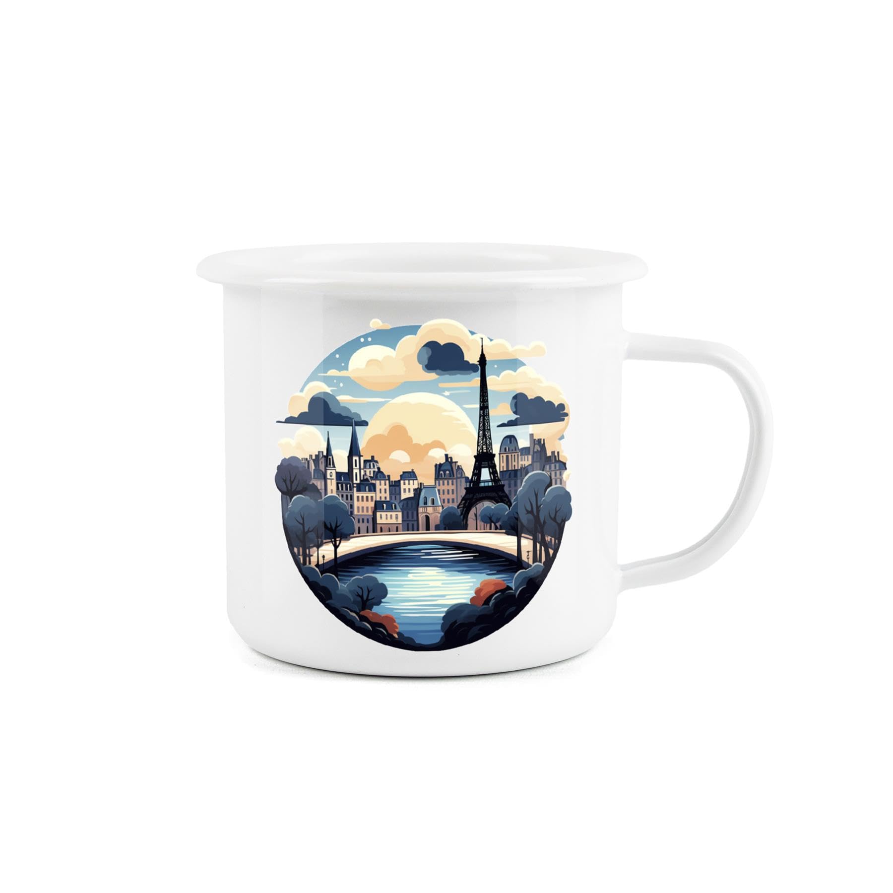 Paris at Night Enamel Mug - Camping Gift Durable Hot Drinks White Outdoor Gift Cup - Travel Picnics Home Hiking