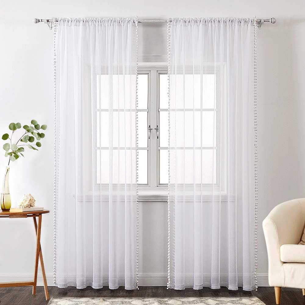 MIULEE Sheer Curtains with Pom Poms-White Voile Curtains for Bedroom Living Room Pretty Rod Pocket Pompom Curtains for Kids Girls Bedroom - Image 4