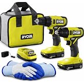RYOBI Drill Impact Driver Combo Kit 18V ONE+ Cordless 2-Tool Set with Batteries Charger Tool Bag + Gloves