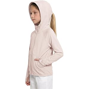 TAGIHOO Girls Sun Protection Hooded Zip Jacket with Ponytail & Thumb Holes | Smooth ultralight fabric, convenient side pocket