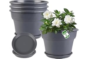 8-inch-Plant-Pots-Indoor-Outdoor, 4 Pack Plastic Planters with Drainage Holes & Saucers, Resin Flower Pots with Trays, Classi