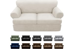 Pfrstuv 3-Pieces T Cushion Loveseat Slipcovers Leather Look Couch Cover Loveseat Covers for 2 Cushion Couch Furniture Protector Stretch Sofa Cover with 2 Individual T Cushion Seat Covers, Beige