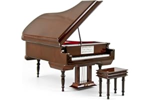 MUSICBOXATTIC Piano Music Box with Jewelry Compartment - Sophisticated 18 Note Miniature Musical Hi-Gloss Brown Grand Piano with Bench - Many Songs to Choose - Edelweiss