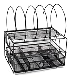 EasyPAG Mesh Desk Organizer Double Tray with 5 Vertical File Sorter and Drawer,Black