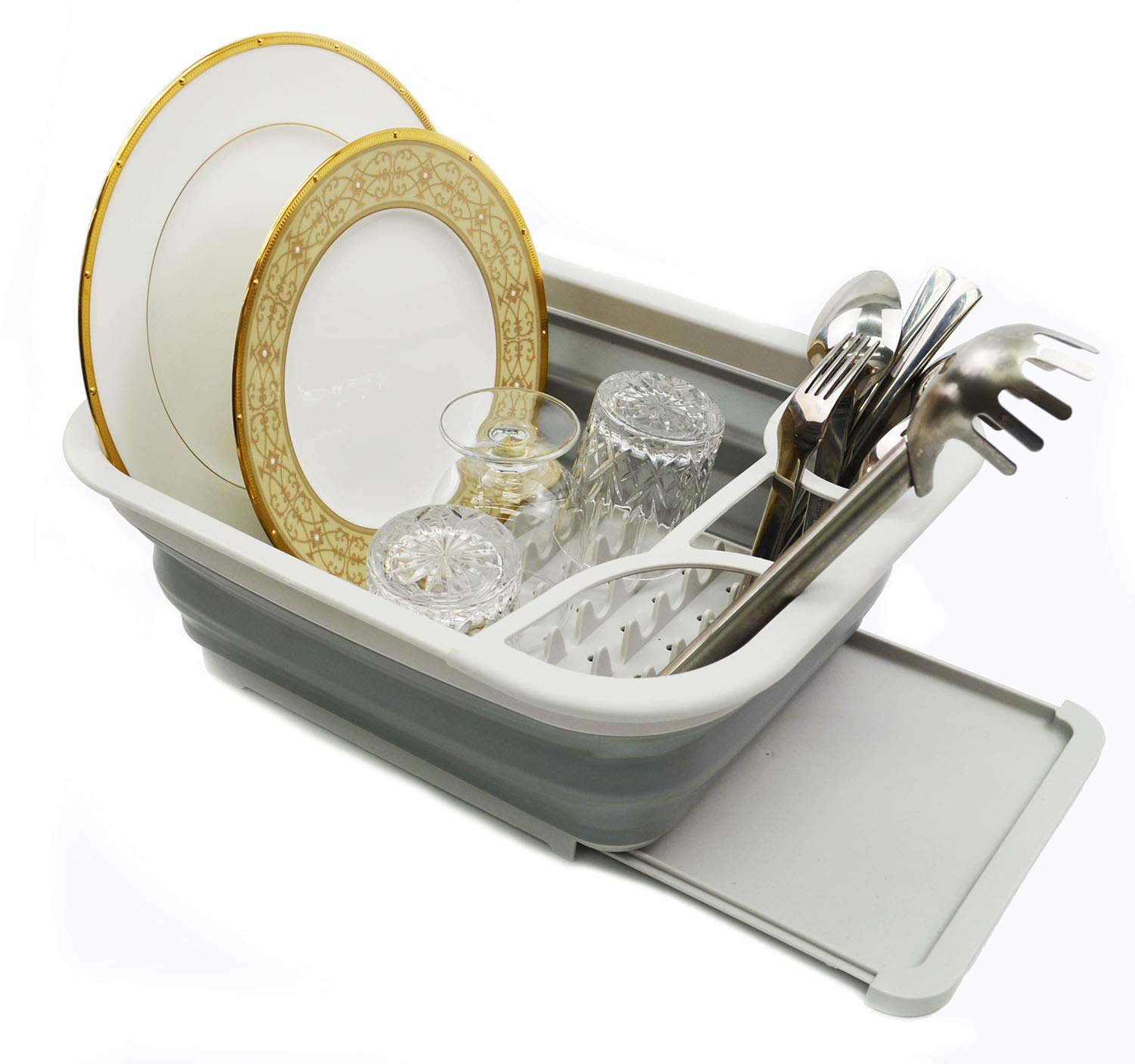 SAMMART Collapsible Plastic Dish Drainer with Drainer Board - Foldable Drying Rack Set - Portable Dinnerware Organizer - Space Saving Kitchen Storage Tray (Grey)