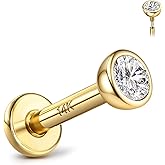 GEMQUEEN 14K Solid Gold Flat Back Earring Hypoallergenic - 18G Cartilage Tragus Conch Helix Piercing Jewelry Extended Internal Thread Labret Lip Nose Stud for Women Men Simulated Diamond CZ 2/3mm