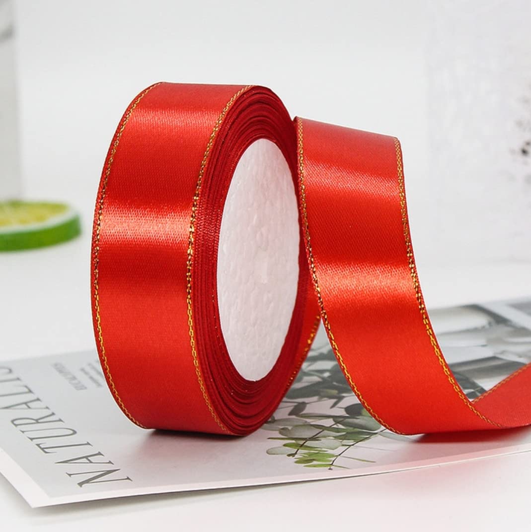 MajorCrafts® 25mm 22metres Gold Edge Trim Satin Fabric Ribbon Roll Craft Embellishments (Crimson Red R26)