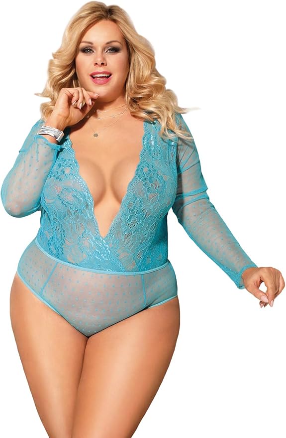ohyeahlady Women's Lace Mesh Bodysuit Long Sleeve Leotard Plus Size