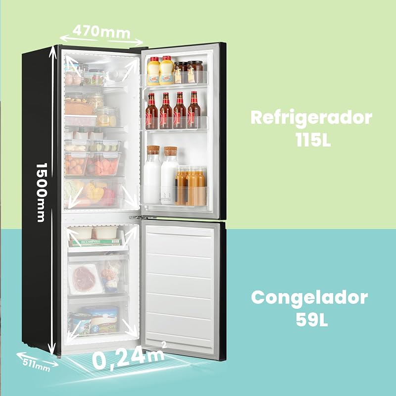 Comfee' rcb169dk2(e) geladeira com freezer/altura 150 cm/low frost/temperatura ajustável da geladeira/luz led/195 kwh/ano/geladeira 115l/freezer 59l/preto