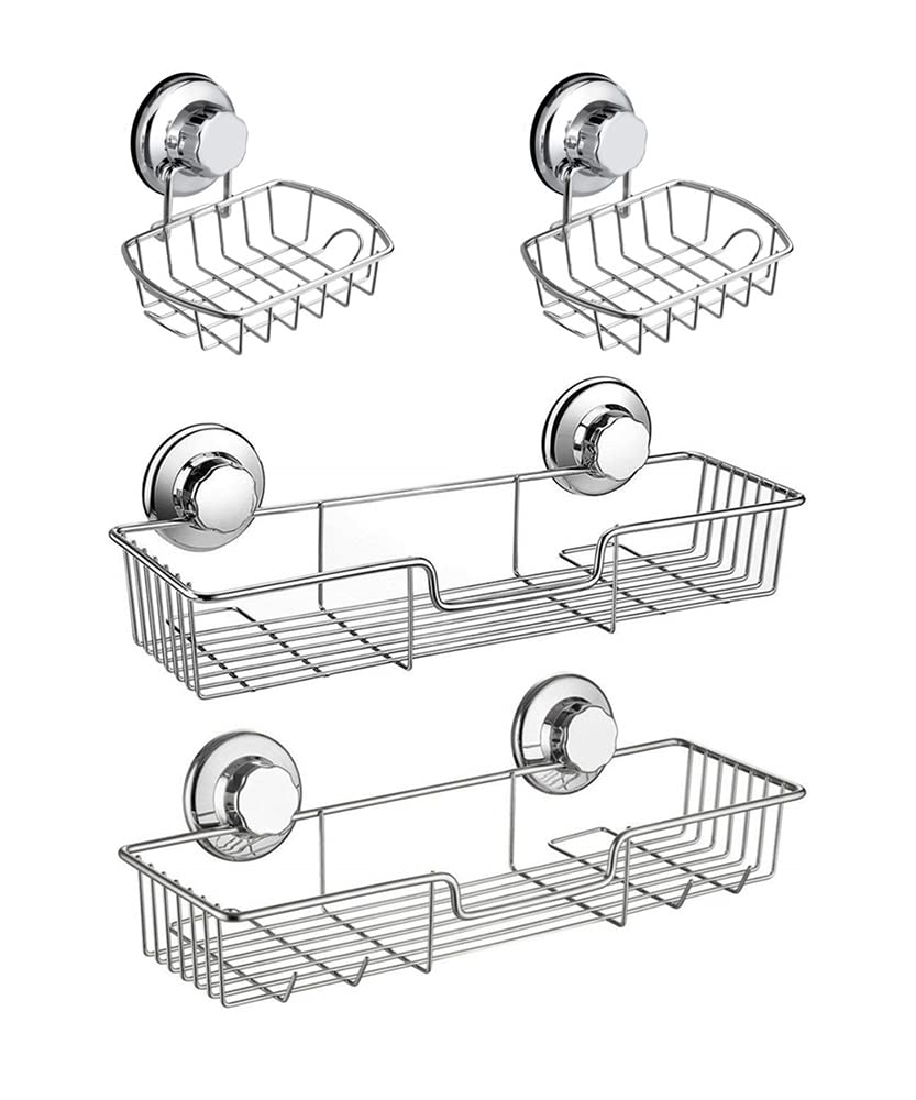 SANNO Suction Cups Shower Caddy with Soap Holder, Rustproof Stainless Steel Wall Mounted Shower Basket