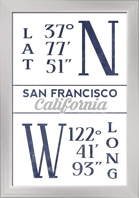 Amazon サンフランシスコ カリフォルニア 緯度と経度 ブルー 12 X 18 Framed Giclee Silver Lant 3p Fp Sil 12x18 キッチン用品 オンライン通販