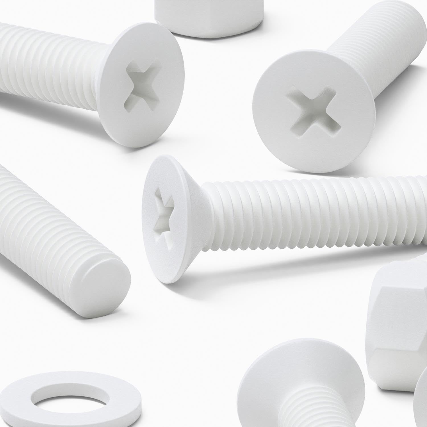 20 x White Countersunk Screws Polypropylene (PP) Plastic Nuts and Bolts, Washers, M5 x 20mm, Anti-Corrosion, Chemical Resistant
