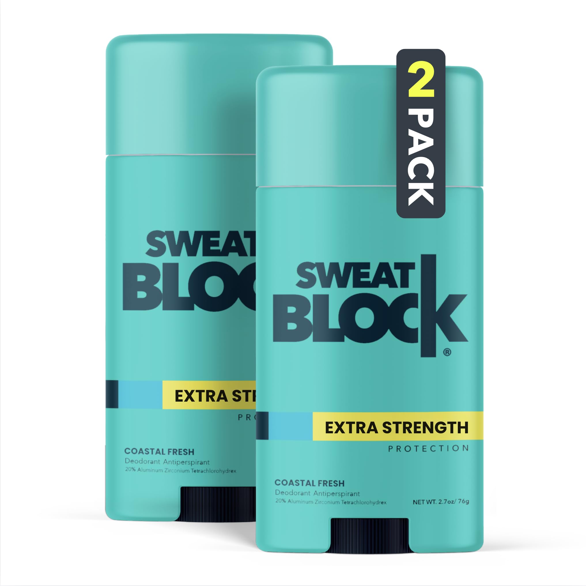 SweatBlock Deodorant Antiperspirant for Women & Men - 24-Hour High Degree Sweat & Odor Protection - Non-Irritating Smooth Glide - Coastal Fresh Scent (2 Pack)