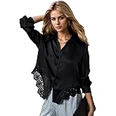 Elbucutess Women Button Down Shirts Casual Long Sleeve Chiffon Work Office Tops Lace Patchwork Blouse