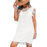 CUPSHE Women's Beach Cover Ups Swimwear Bathing Suit Cover Up Short Sleeves V Neck Tassel Mini Dress