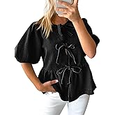 Tankaneo Womens Denim Tie Front Tops Babydoll Peplum Puff Sleeve Jean Shirts Crew Neck Summer Casual Bow Blouses