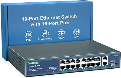 YuanLey 16 Port PoE Switch with 2 Gig Uplink 1 SFP 250W 802.3af/at