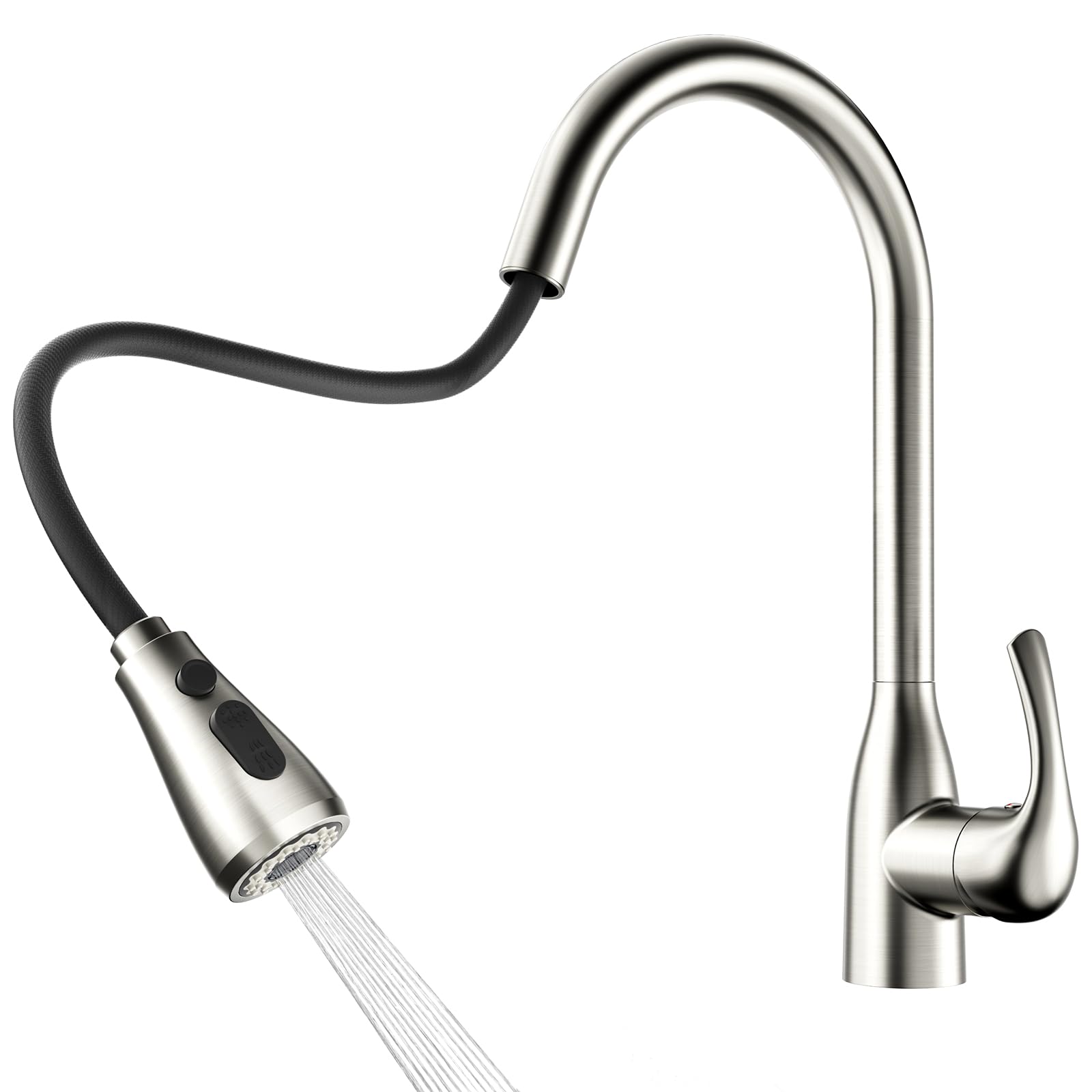 Rainsworth Kitchen Sink Mixer Tap with Pull Down Sprayer, 3 Mode Kitchen Faucet with High Arch Outlet, 360 ° Swivel Mixer Tap Kitchen Sink, Kitchen Tap with UK Standard Fittings, Brushed Nickel