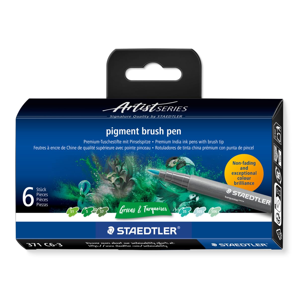 STAEDTLER 371 C6-3 Pigment Arts Brush Pen - Assorted Green & Turquoise Colours (Pack of 6)