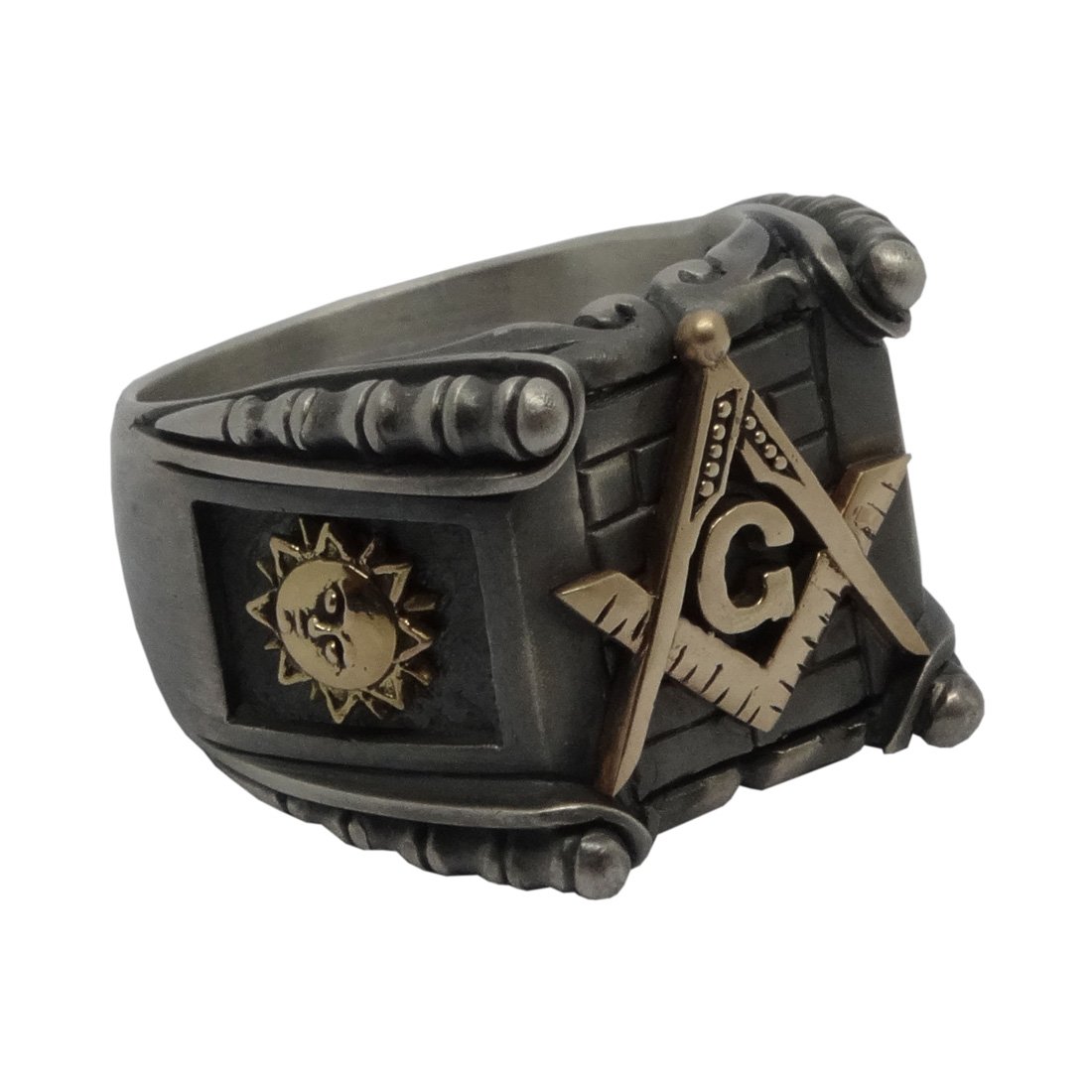 Handmade Masonic Men's Ring - 925 Sterling Silver & 14K Solid Gold Antique Finish - View #3