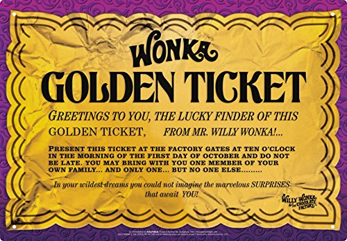 Aquarius Willy Wonka Golden Ticket Tin Sign Novelty