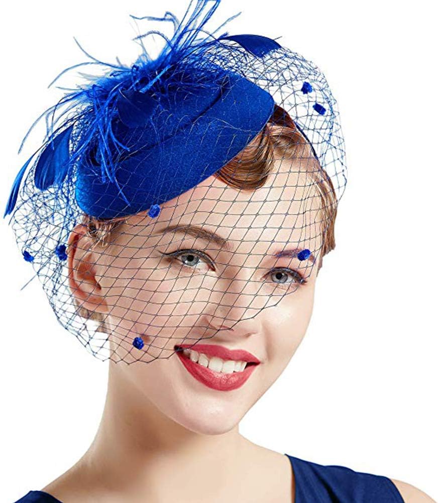 REYOK Fascinator Pillbox Hat Feather Mesh Net Veil Fascinator Flower Hair Clip Fascinators Hat Bridal Headpiece Wedding Church Derby Hats Race Hats Flapper Hat Blue