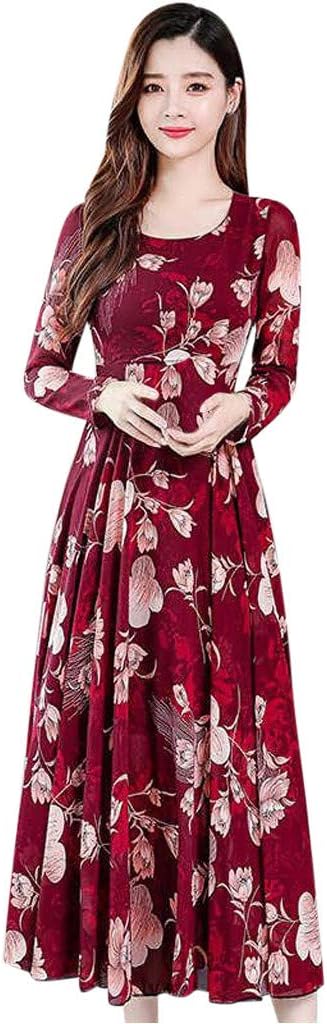 charmsamx Women's Spring Floral Print Boho Dress Long Sleeve Crew Neck Split Flowy Maxi Dress Casual Long Dress