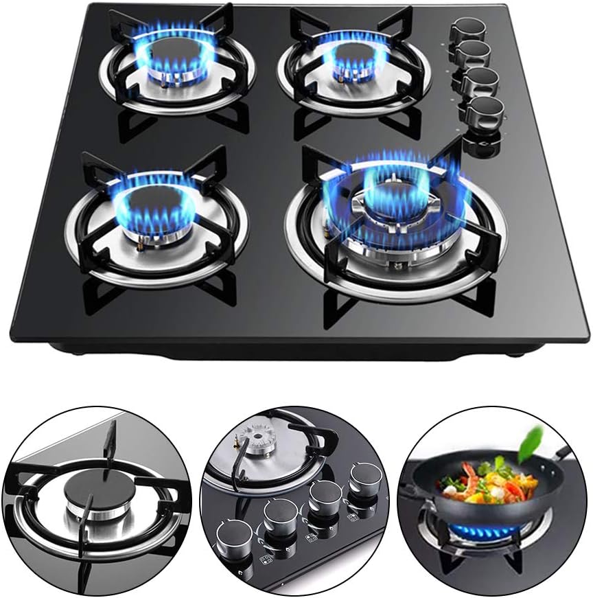 23" 4 Burner Gas Cooktop, LPG/NG Dual Fuel Hob Built-in Gas Stove with Tempered Glass Electronic Ignition for Kitchen