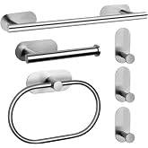 JiGiU Self Adhesive Towel Bar, Wall Mount No Drill Bathroom Hardware Set | Easy Install Stainless Steel 16" Bath Towel Bar,Toilet Paper Holder,Towel Ring &amp; Towel Hooks Sticky on Towel Holder Kit