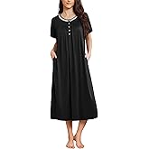 Ekouaer Long Nightgowns for Women Short Sleeve Sleepshirt Button Sleep Dress with Pockets