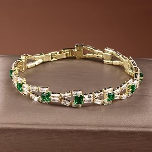 Two-Tone Emerald & Clear Cubic Zirconia Tennis Link Bracelet, Elegant Sparkling Hand Jewelry for Women